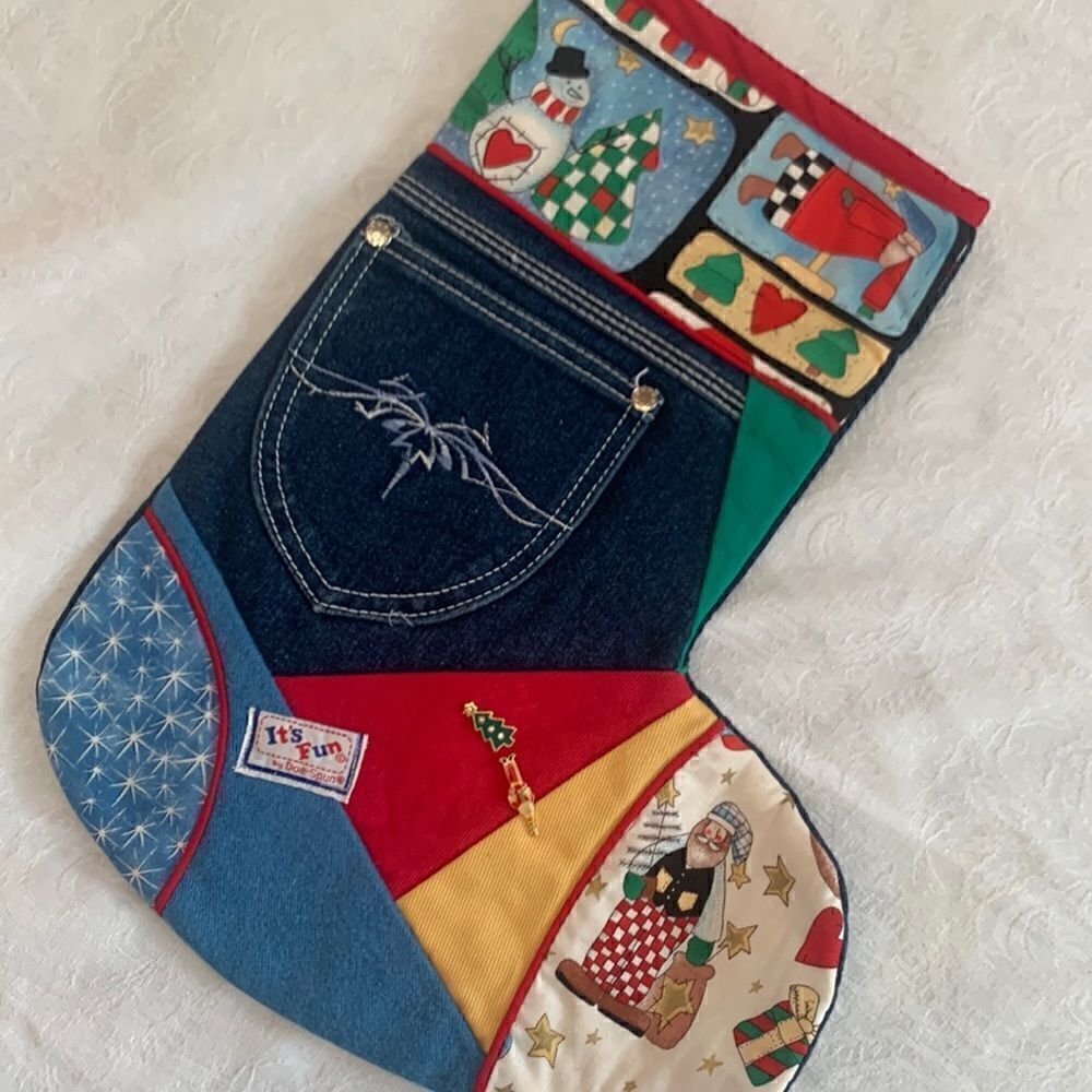 Stocking Vintage Handcrafted Denim Cotton Santa Snowmen Christmas Lined